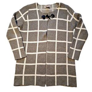 Gray & White Grid Pattern Long Cardigan Sweater With Toggle Closure 100% Acrylic